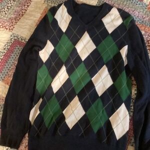 Vintage Argyle Academia Grandpa Sweater Navy Blue and Green Medium Cozy